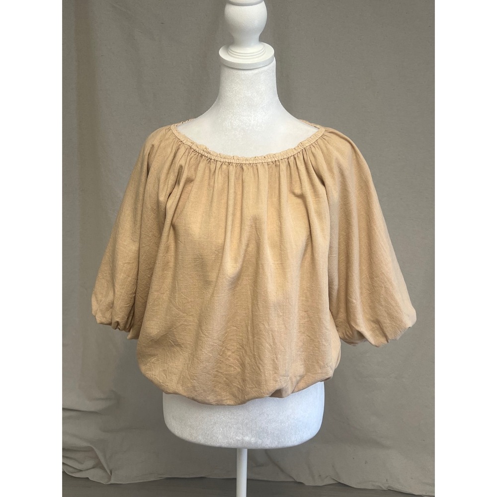 THML Blouse Womens Sz M Tan Puff Sleeve Bubble Hem Top Boho Minimalist Neutral